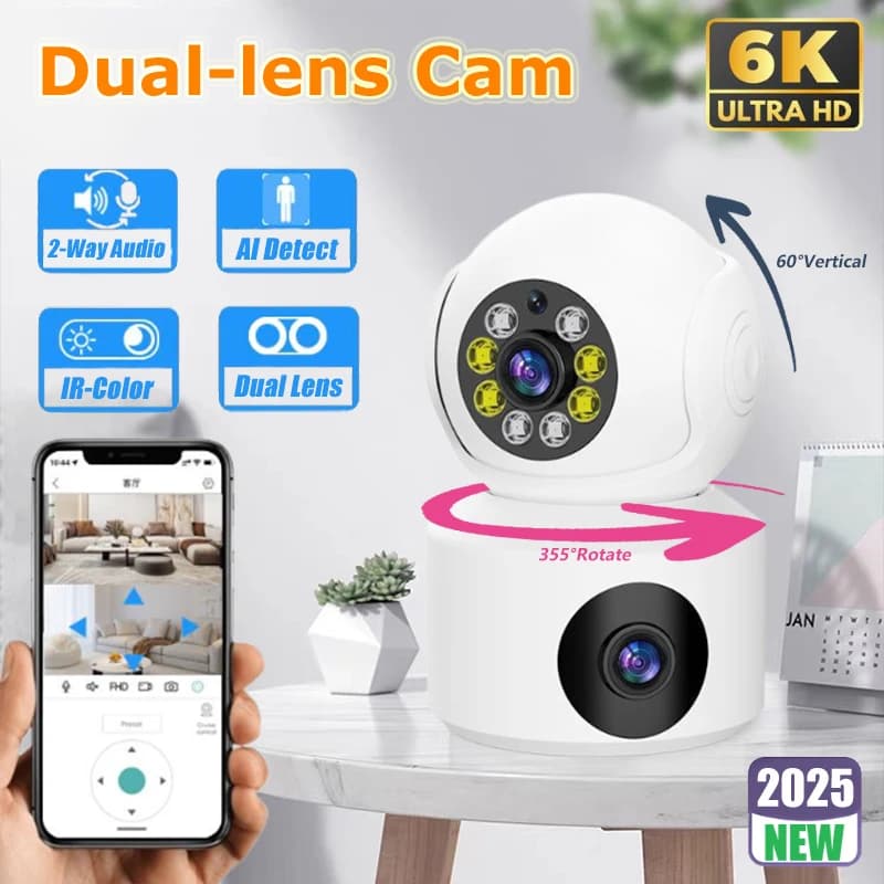 Dual Lens Rotatable Camera 6K WiFi Surveillance Auto Tracking 2-way Audio Color Night Vision Monitor Indoor Smart Webcam