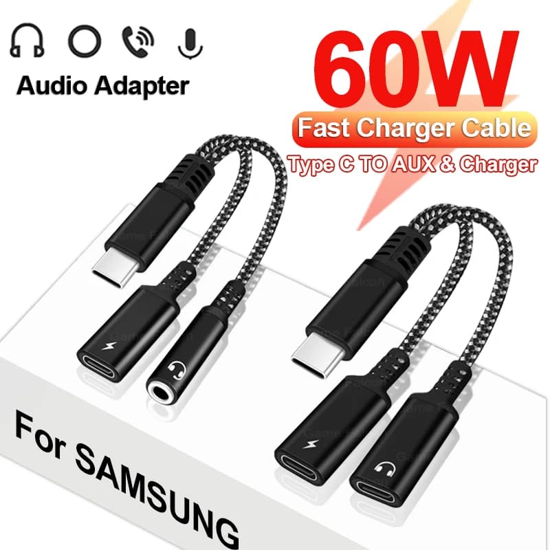 60W PD Fast Charger Cable 2 in 1 USB C Splitter Type USB C Headphones Jack Audio Adapter For Samsung S23 S22 S21 Ultra iPhone15