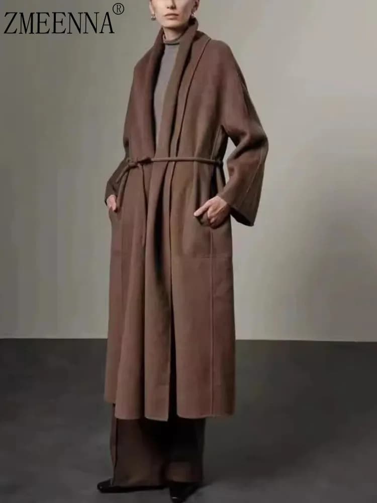 ZMEENNA XS-L woolen bandage patchwork solid color loose elegant casual women's coats 2024 autumn winter new XF3061