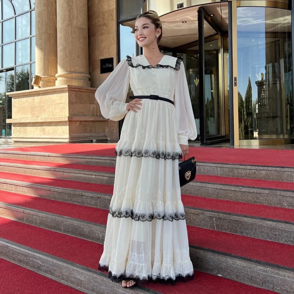 Customized Sizes Available Chiffon Pleat A-line V-neck Midi Dresses Evening Dresses Classic Exquisite Modern Style Pastrol Unise