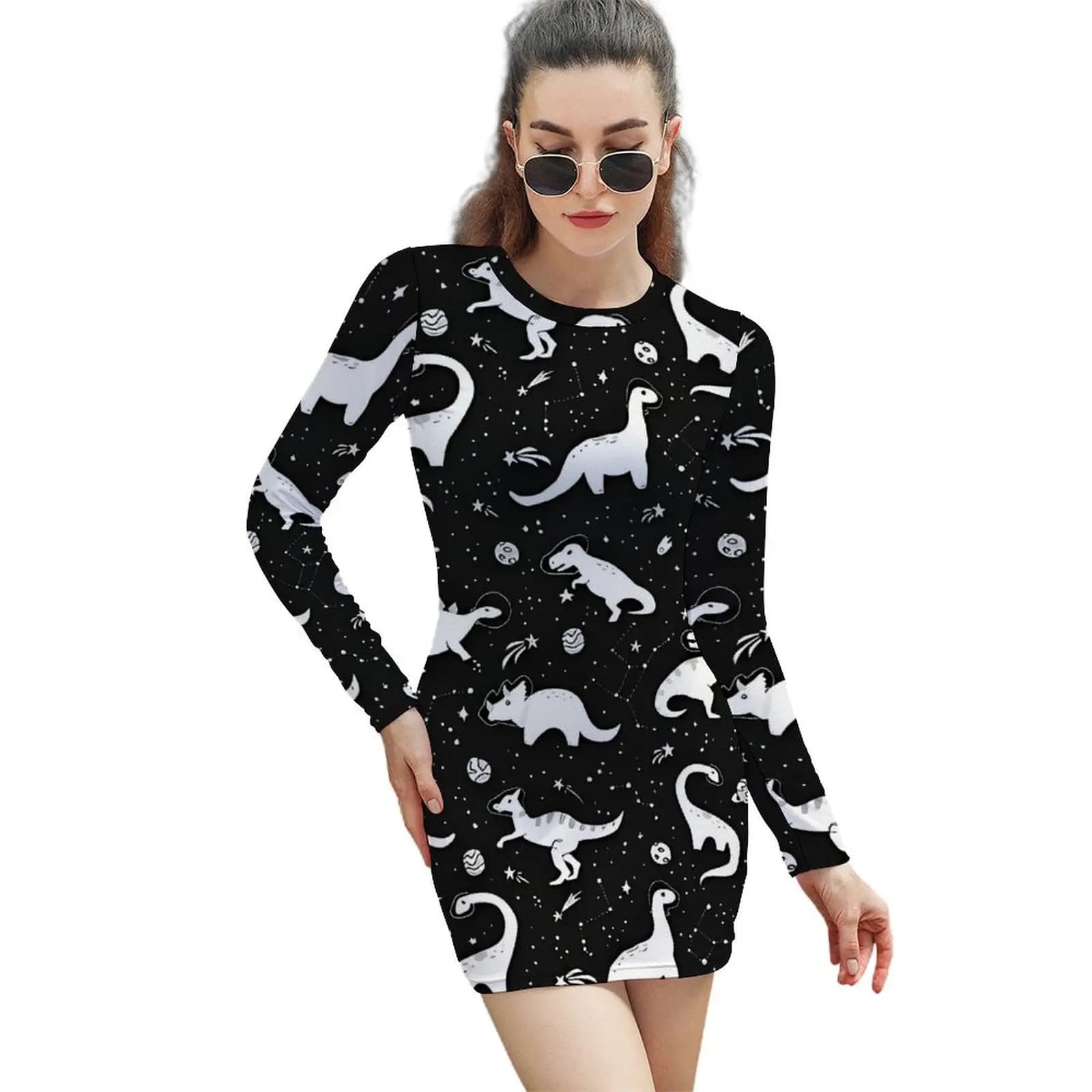 Space Dinosaurs Dress Long Sleeve Cartoon Animal Elegant Dresses Spring Ladies Street Style Custom Bodycon Dress Big Size 2XL