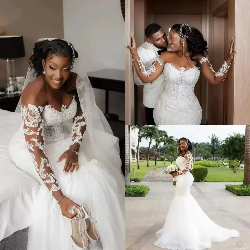 Customized Mermaid Wedding Dress Plus Size Lace Appliqued Beach Boho Gowns Beaded Vestido De Noiva