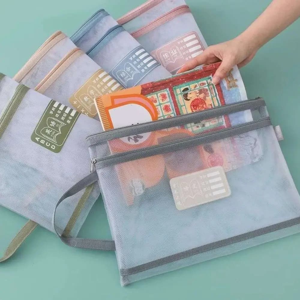 New A4 Stationery Storage Bag Double-layer Large Capacity Mesh Zipper Bag Transparent Organizer Bag Cosmetic Makeup Bag
