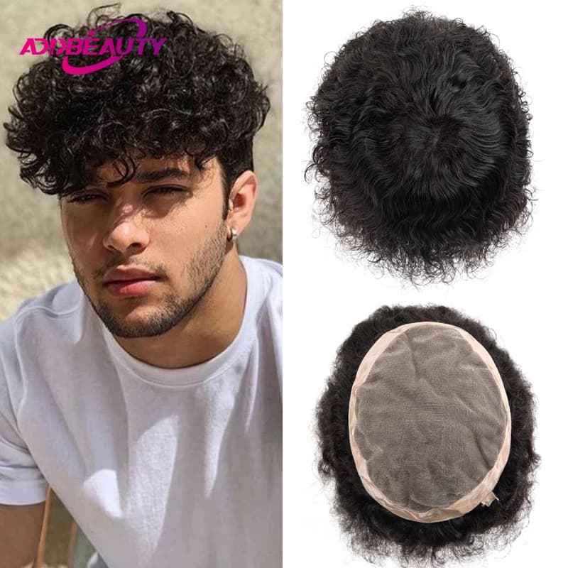 Male Human Hair Prostheses Mono NPU Men Toupee Indian Human Hair Wigs Straight Wave Hairpiece 4mm Wave Afro Curly Hair System