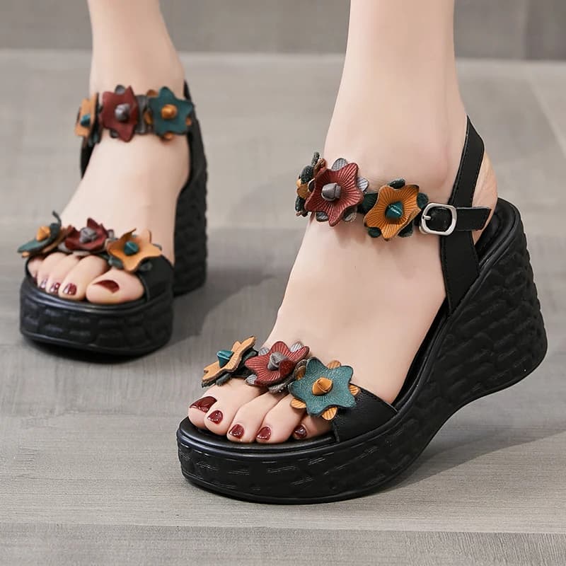 GKTINOO Genuine Leather Retro High Heels Sandals Women Shoes Buckle Strap 2025 New Spring Summer Wedges Lady Platform Sandals