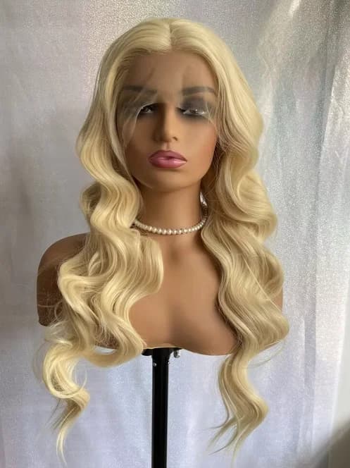 Long Wavy Blonde Lace Front Human Hair Blend Heat Ok Synthetic Wig