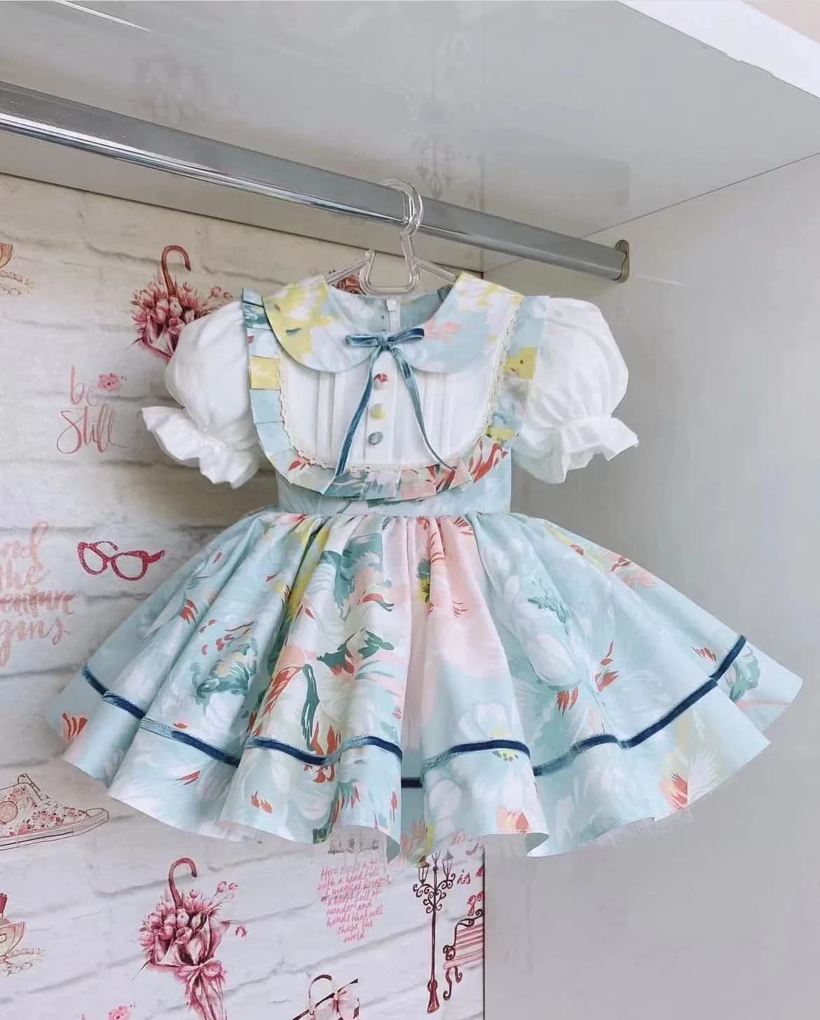 0-12Y Baby Girl Summer Rose Floral Blue Turkish Vintage Lolita Princess Ball Gown Dress for Birthday Holiday Casual Eid