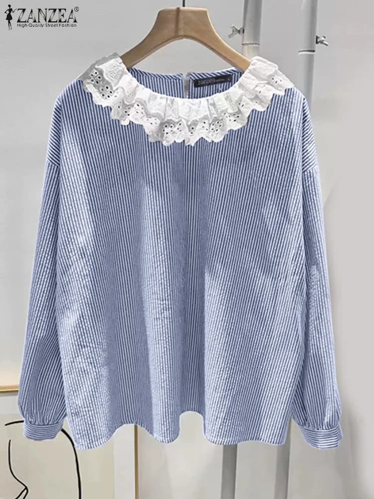 ZANZEA Korean Fashion Striped Blouse Women Autumn Lace Crochet Tops Casual Patchwork Long Sleeve Shirt Female Holiday Blusas