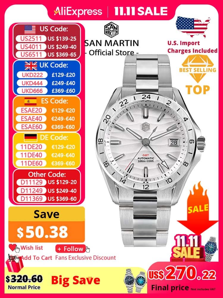 San Martin New 39mm Desert Texture Luxury Men Business Dress GMT Watch NH34 Automatic Mechanical Waterproof 100m Luminous SN0129