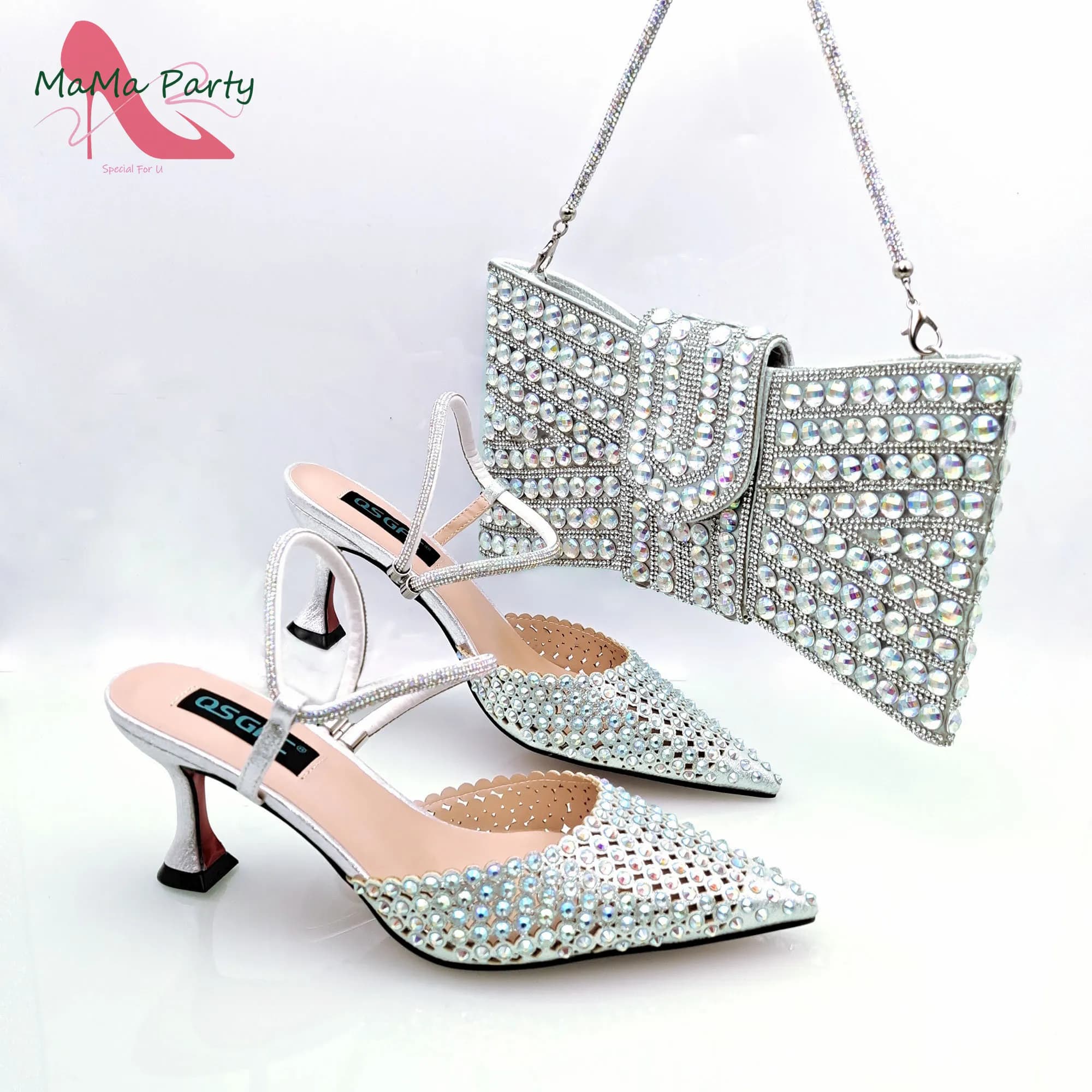 Autumn New Arrivals Italian Design Women Matching Shoes and Bag Set in Silver Color High Quality Pumps for Garden Party