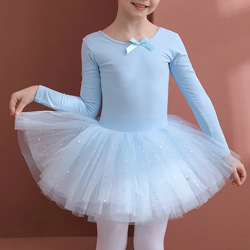 Girls Ballet Dance Tutu Dress Kids Short /Long Sleeves Tulle Bowknot Skate Gymnastics Christmas Birthday Party Leotard Dancewear