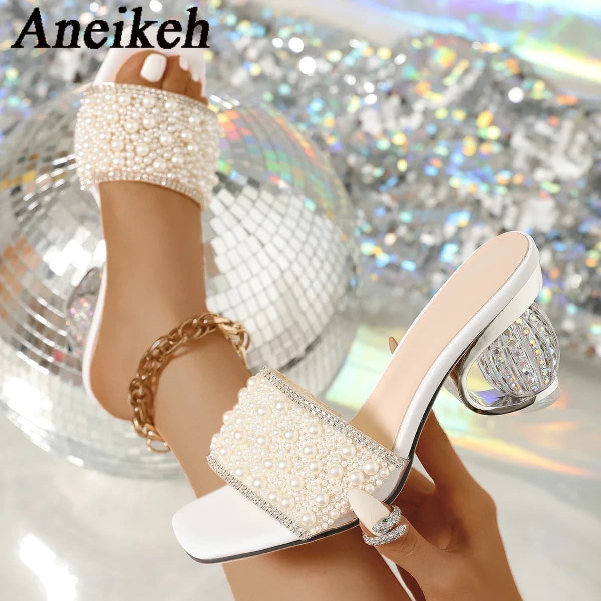 Aneikeh White Pearl Shiny Sandals Slippers Women Transparent Thick Bottom Party Dress Mules High Heels 2026 Summer Heeled Beach