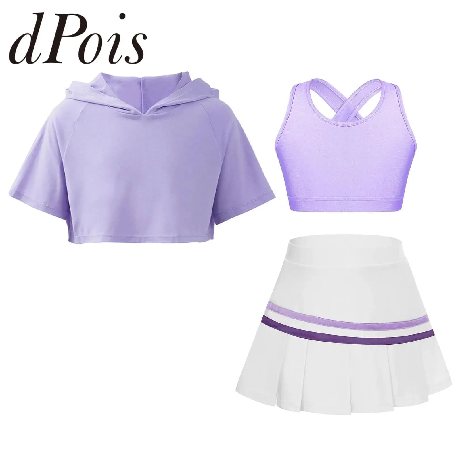 Kids Girls Fitness Suits Children's Sports Set Tanks Pleated Skirt Hooded Crop Top Sportswear for Golf Badminton Tennis Outfits