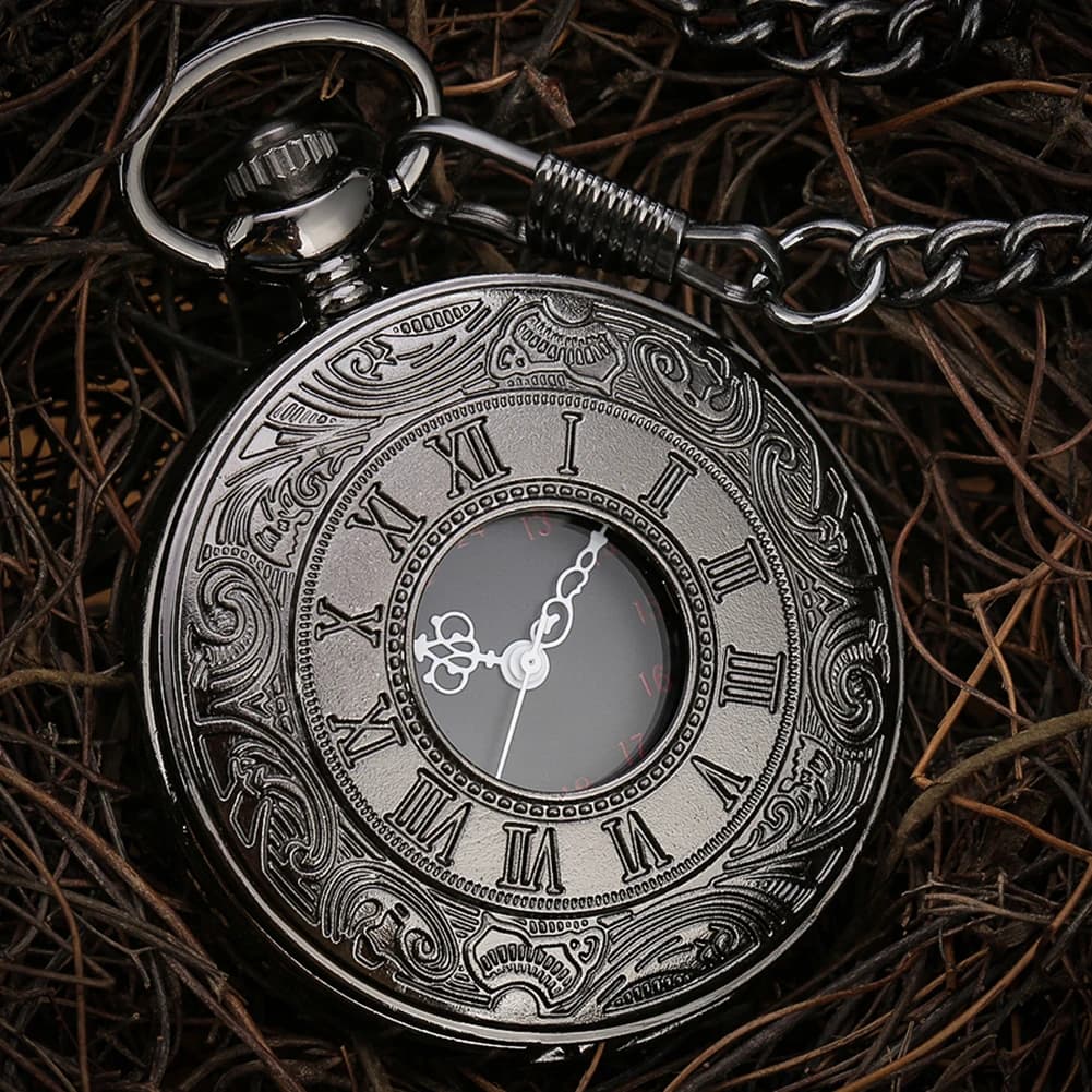 Black Roman Numerals Quartz Pocket Watch Men Women Black Hollow Case Steampunk Vintage Pendant Necklace Best Gifts for Men Women