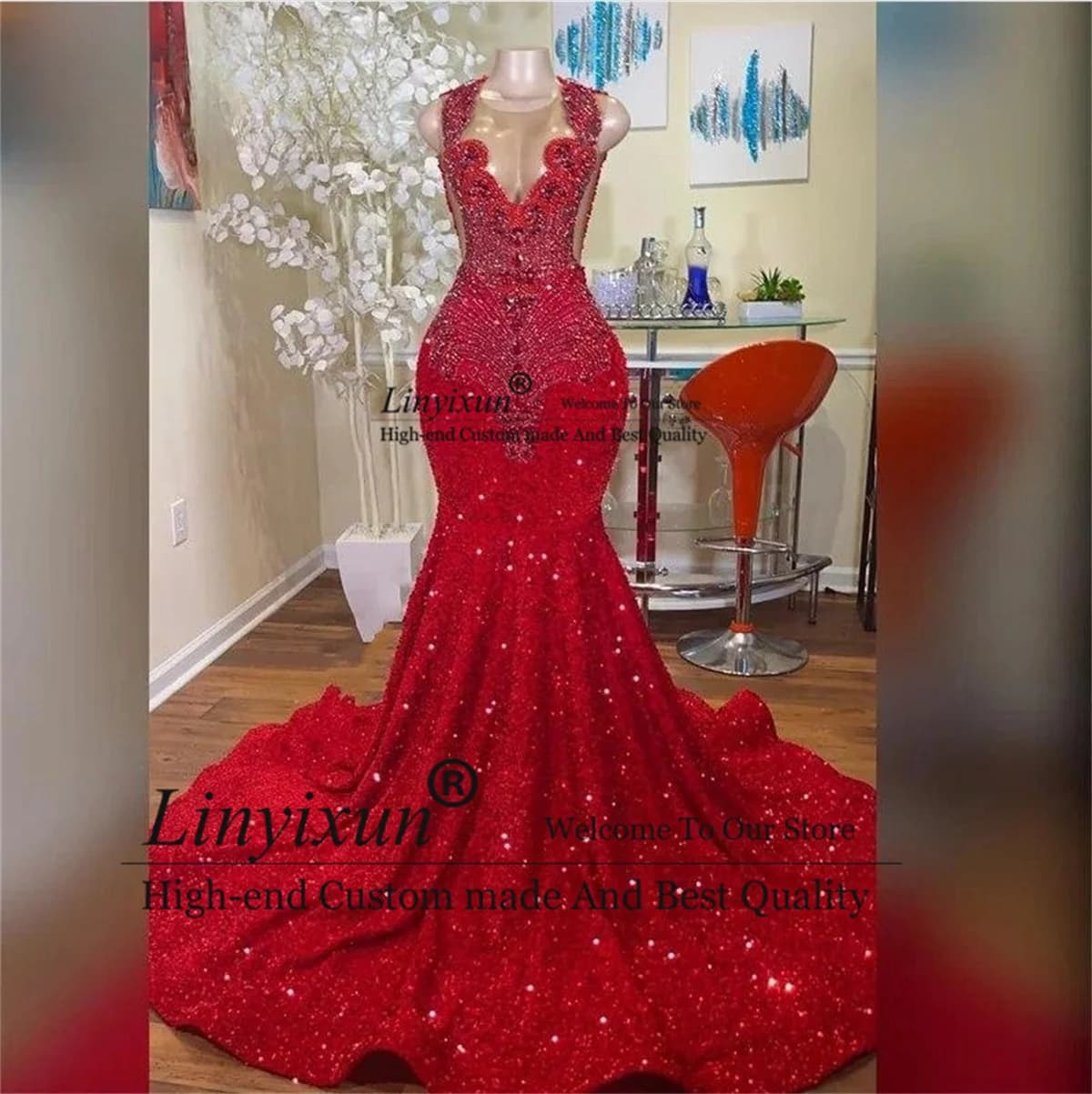 Customized Diamonds Mermaid Long Prom Dresses Luxury Sparkly Rhinestones Crystals Sequin Black Girls Party Formal Evening Gowns