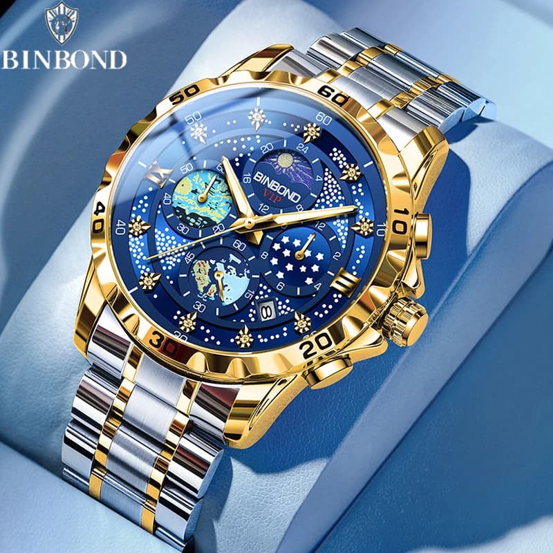 BINBOND Exquisite Starry Sky Van Gogh Men Quartz Watches Date Waterproof Luminous Small Three Pin Fashion Business Men's Watches