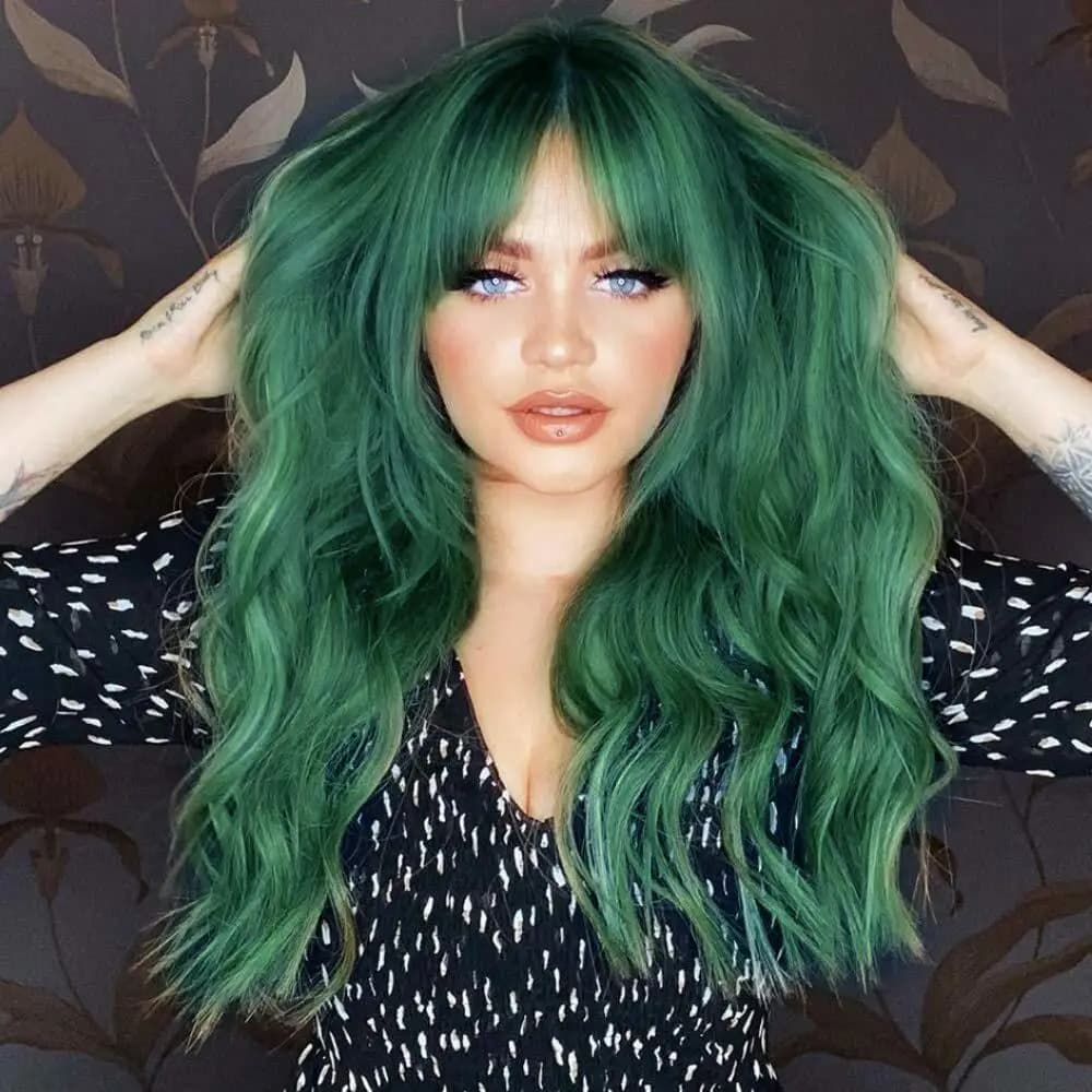 Women Long Wavy Green  with Bangs Cosplay  Party Wigs