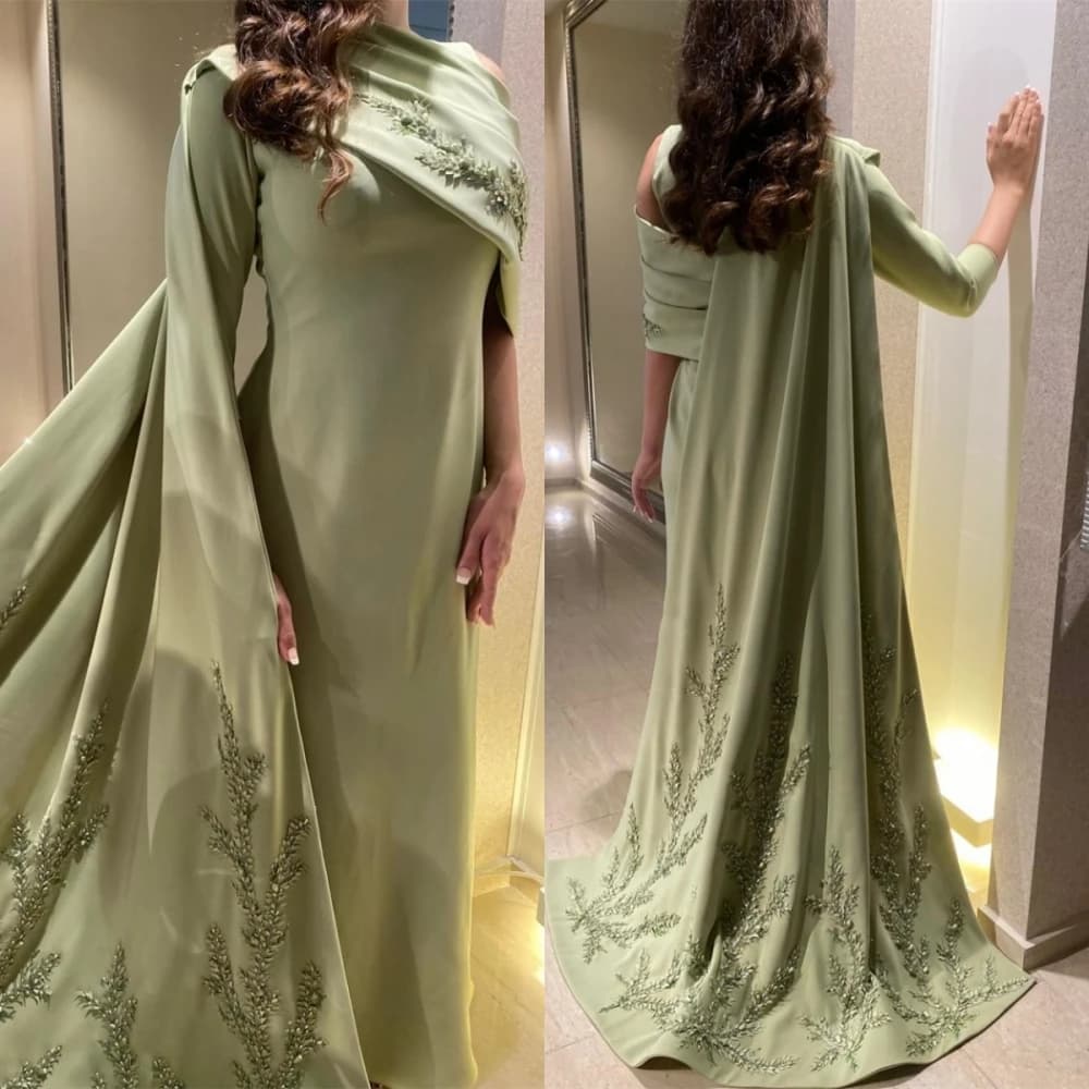Customized  High Quality Boat Neck Sheath Stole Appliques Party Dress Floor Length Formal Evening Gowns Выпускные платья 이브닝드레스 