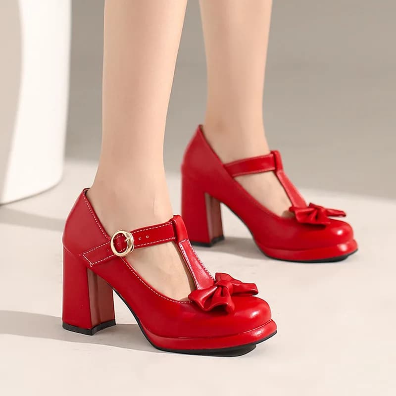 Princess Lolita Mary Jane Shoes Woman High Heels Pink White Bowtie Ladies Platform Fashion Heel Pumps Party Shoes Size 33-43