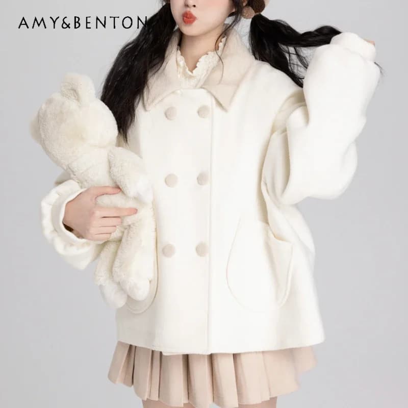 2024 New Autumn and Winter Sweet Lapel Pocket College Style White Woolen Coat For Women