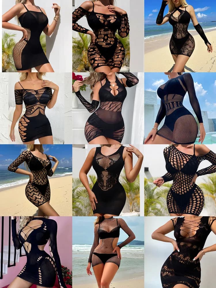 18 Styles Fishing Net Erotic Underwear Exotic Nightclub Bodycon Dress Women's Sexy Clothing See Through Hollow Mesh Short Skirt