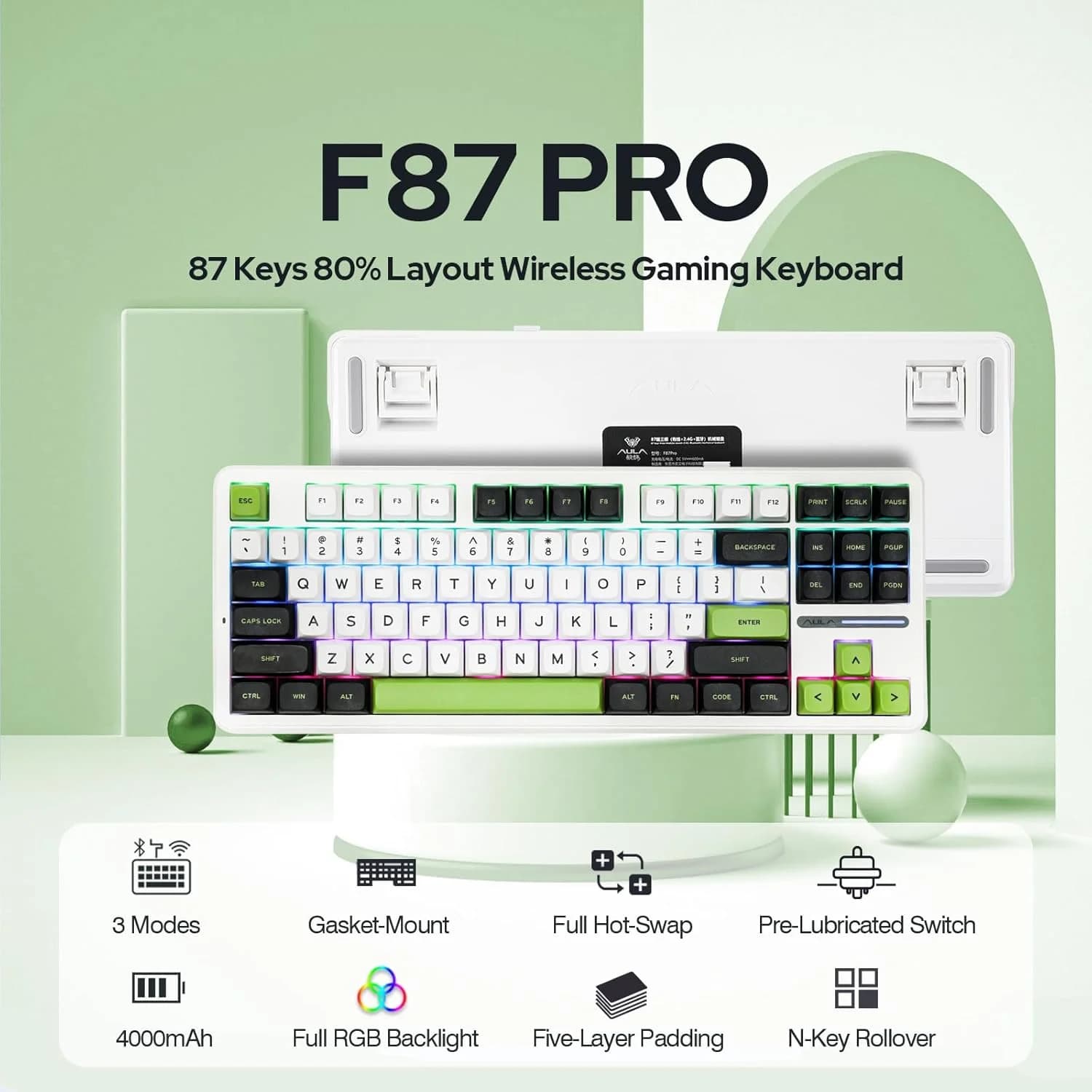 AULA F87 Pro Mechanical Keyboard 3 Mode 2.4G/USB/Bluetooth Tri Mode Wireless Gaming Keyboard 87 Key Hotswap RGB Gasket Keyboard