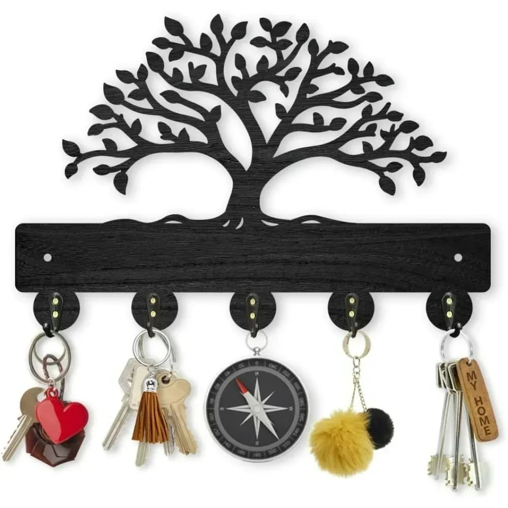 Tree of Life Coat Rack Wall Mount 11.8×7.9inch Lush Tree Key Holder for Wall Decorative Wood Black Key Rack Hanger 5 Alloy