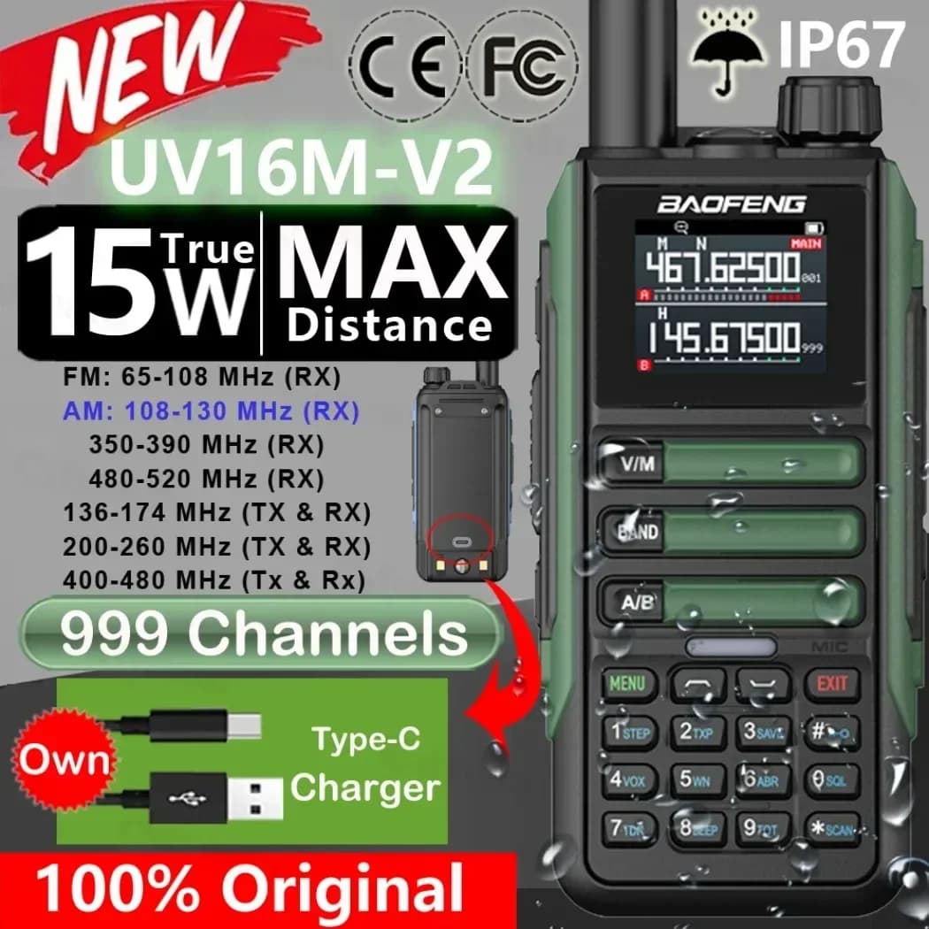 BAOFENG Upgrade UV16M V2 Walkie Talkie 15W High Capacity AM FM 2-Way Radio Full Band LCD 999CH Frequency Copy NOAA Noise Reduce