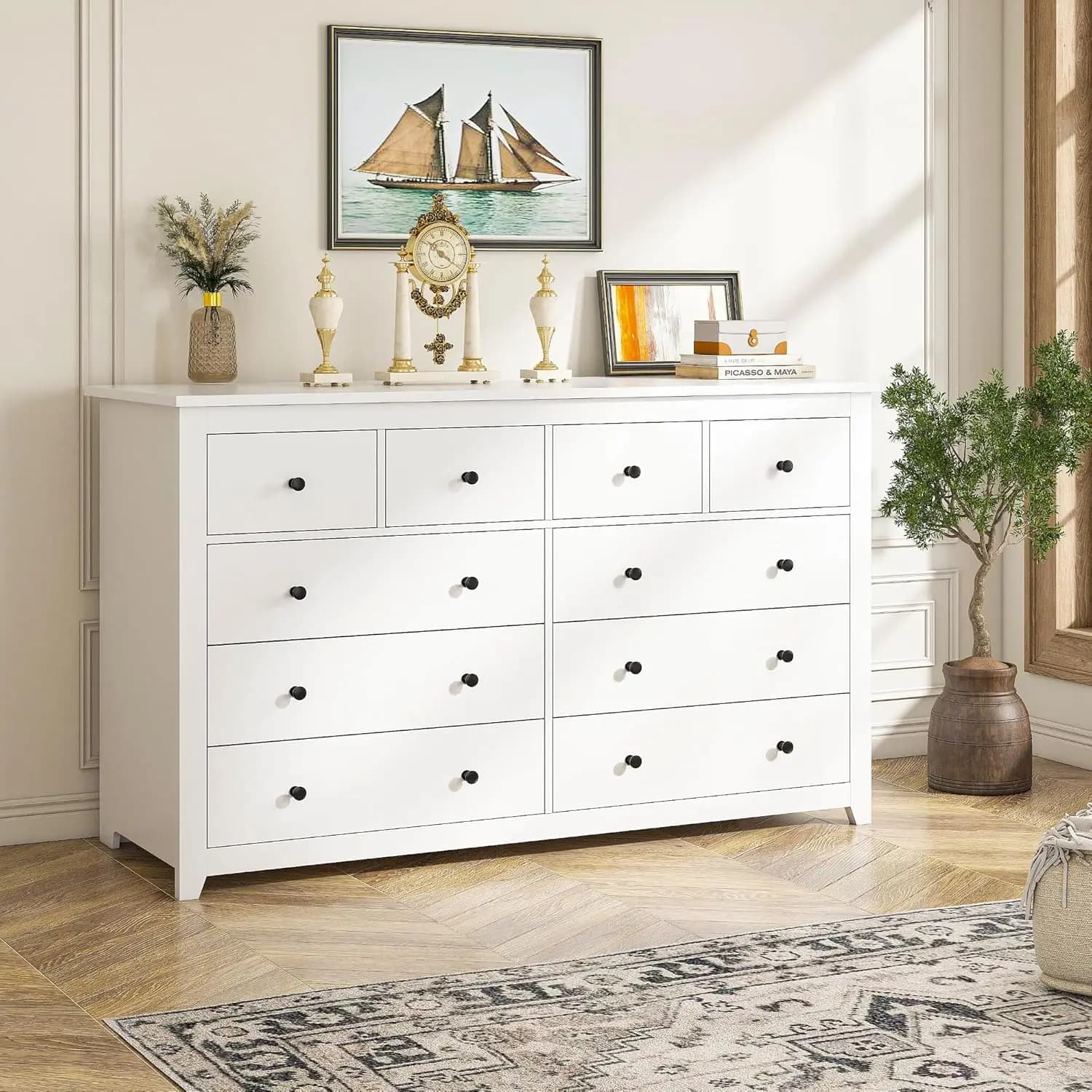 White Dresser, Dresser for Bedroom with 10 Wood Drawers Dressers & Chests of Drawers with Smooth Metal Rail, Wide Storage Dresse