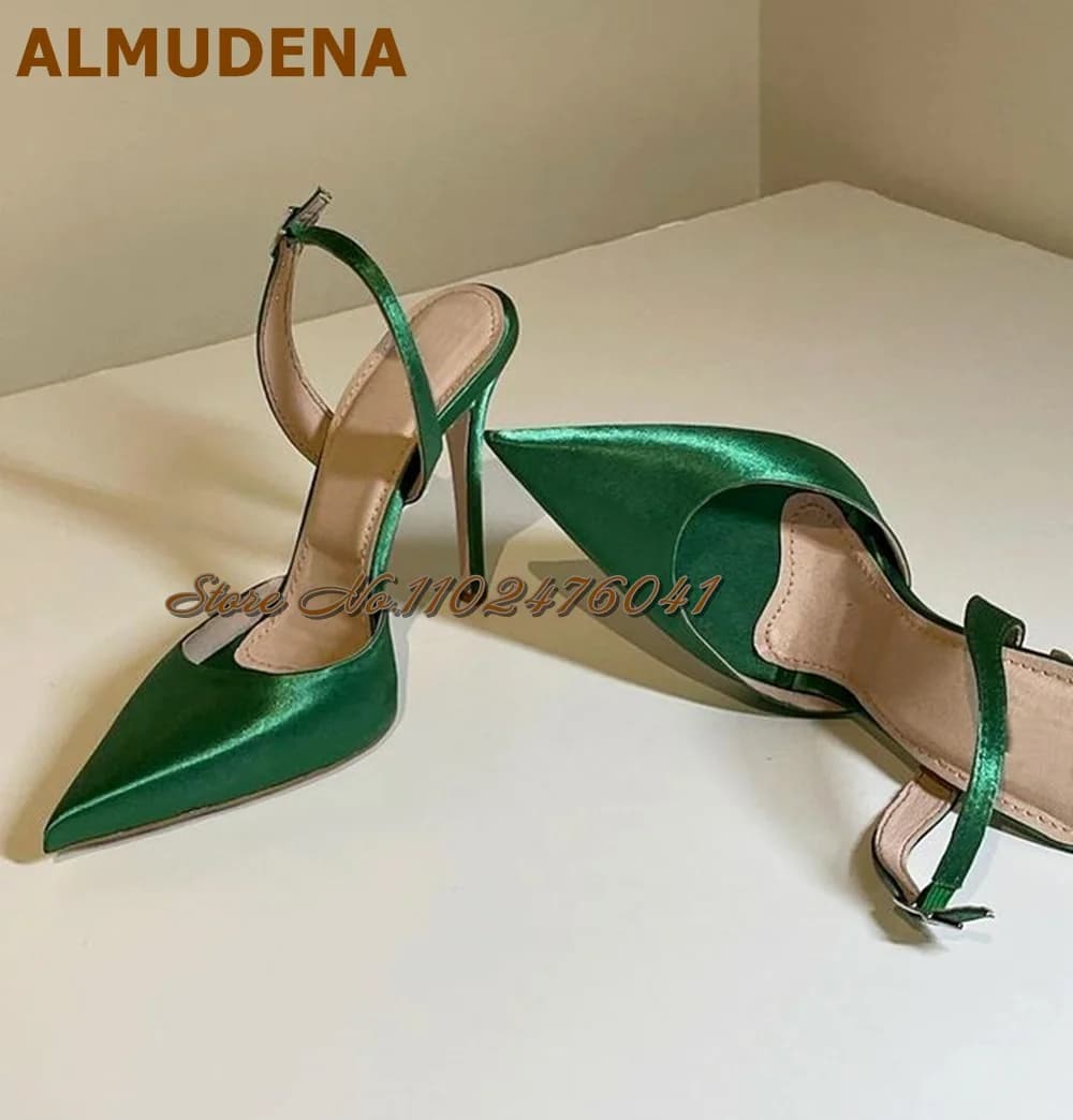 ALMUDENA Green Satin Fabric Slingback Banquet Shoes Red Silver Bling Bling Sequined Wedding Shoes Buckle Strap Shallow Pumps
