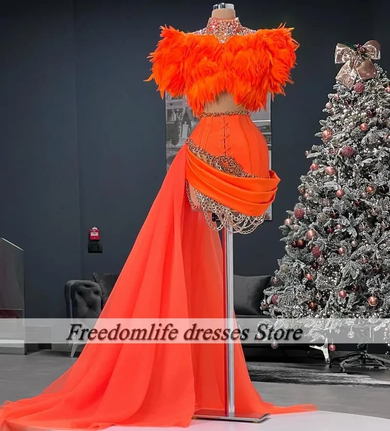 Luxury Orange Prom Dresses With Train Beading Feathers Short Party Gowns Plus Size Birthday Outfit Vestidos De Gala Customized