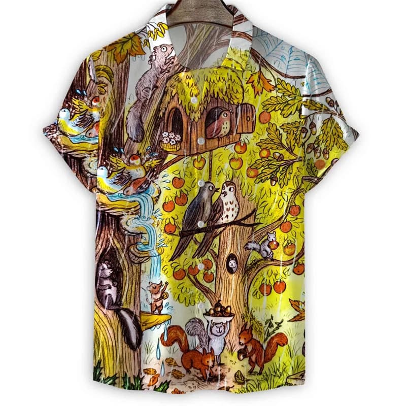 Fairy Tale Squirrel Bird Hawaiian Shirt Men Summer 3d Print Cartoon Painting Short Sleeves Shirts Harajuku Street Loose Blouse