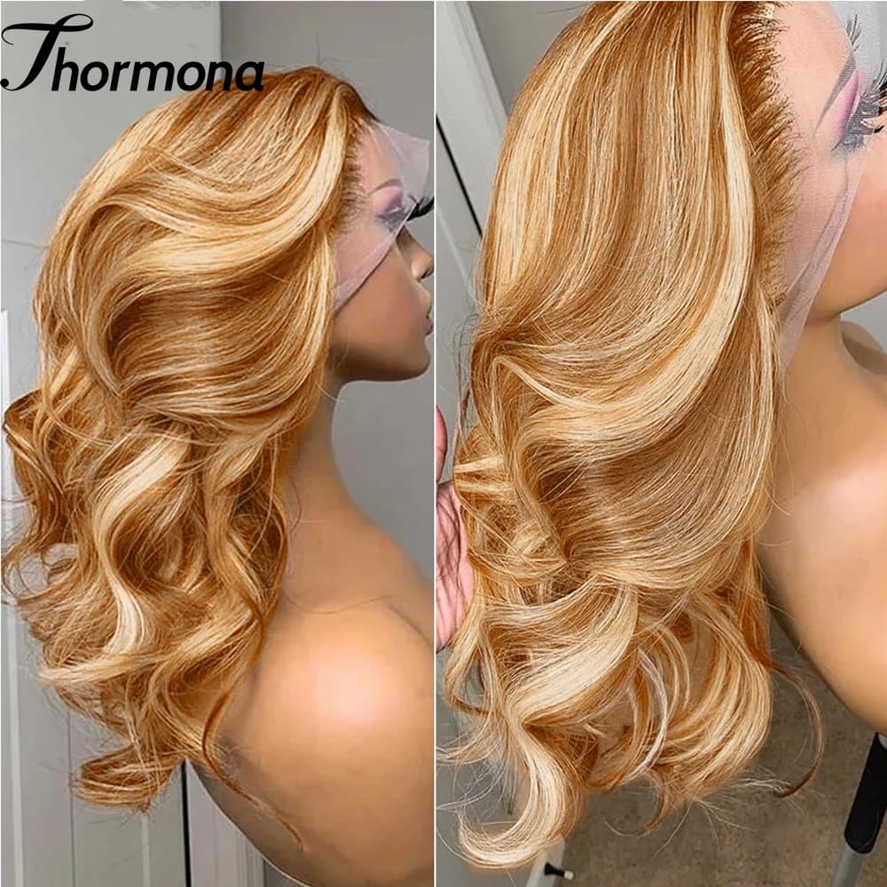 13x6 Body Wave Highlight Lace Front Synthetic Ombre 13x4 Lace Frontal Wigs Honey Blonde Colored Wigs For Women