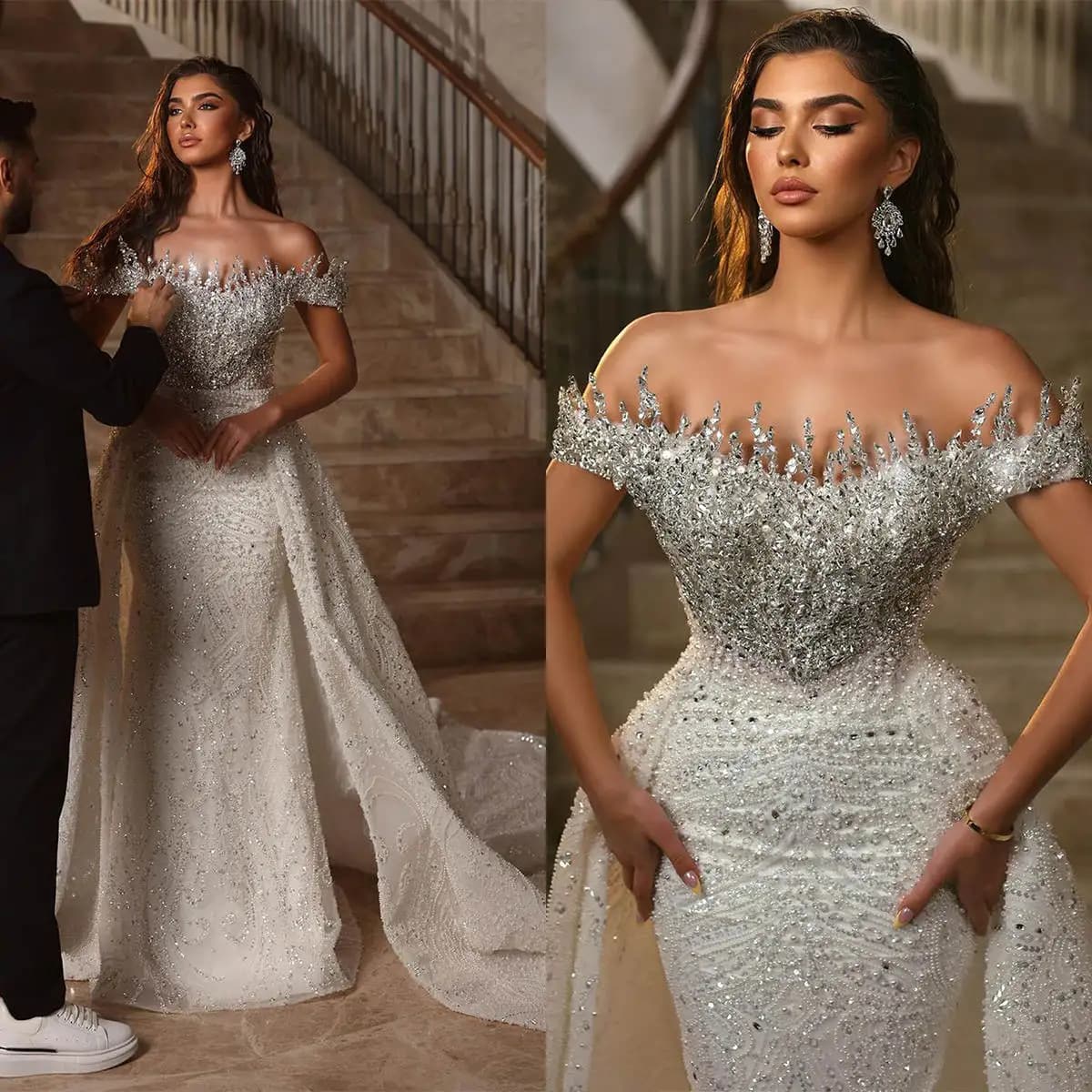 Luxury Crystal Mermaid Wedding Dresses Beading Off Shoulder Bridal Gowns with Detachable Train Custom Made Vestido de novia