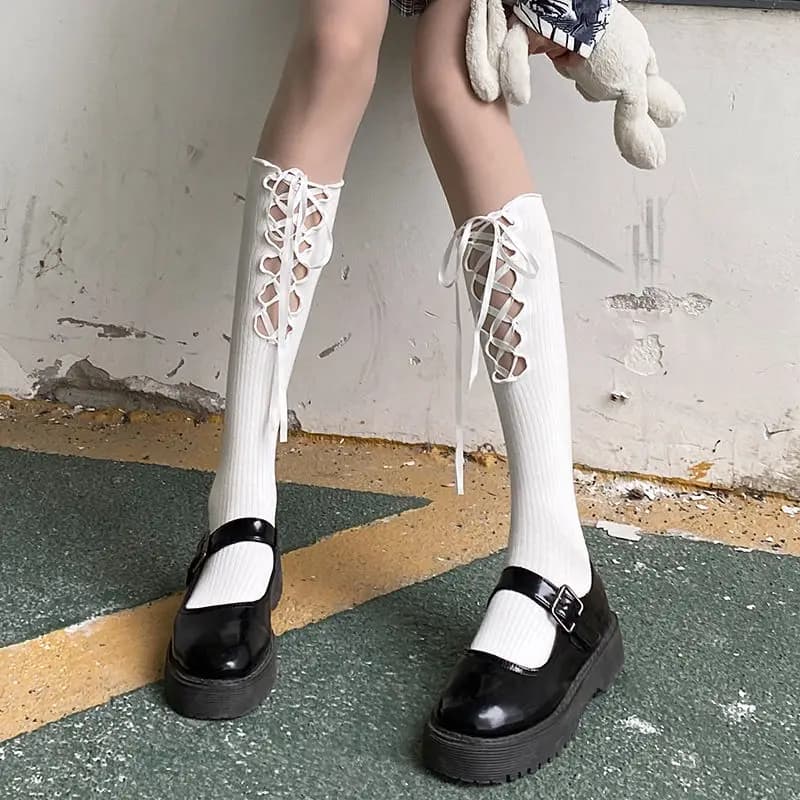Women Stockings Sexy Lingerie lolita Cotton Fishnet Bandage Bowknot Thigh High Over Knee Socks Knee-High Student Stocking