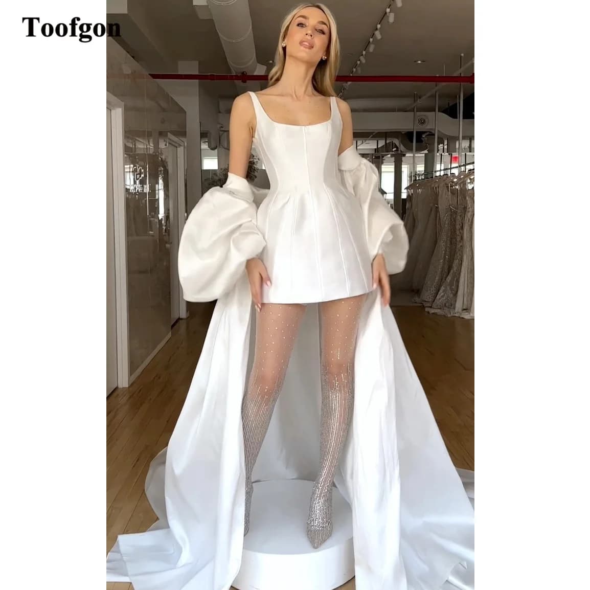 Toofgon 2 Pieces Satin Mini Bride Dress For Wedding Long Sleeves Wrap Formal Bridal Gowns Scoop Wedding Dressesmariée Customized