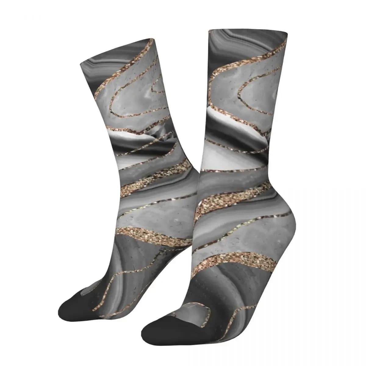 Hip Hop Gray Black White Agate Gold Glitter Marble Basketball Socks Modern Polyester Funny Socks for Unisex Non-slip