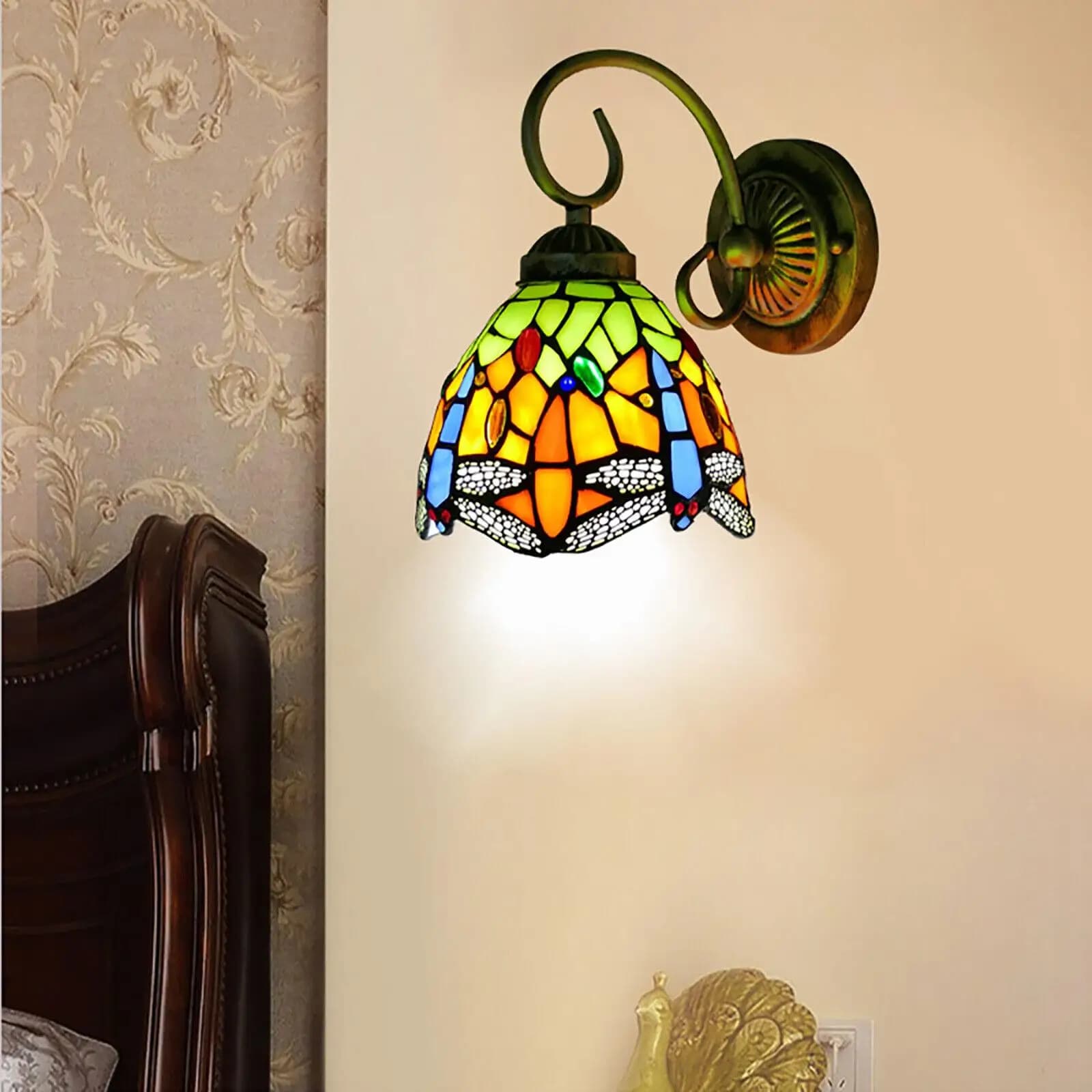 Wall Lamp LED Tiffany Style Decorative Stained Glass Shade Dragonfly Bedroom D15*H25cm