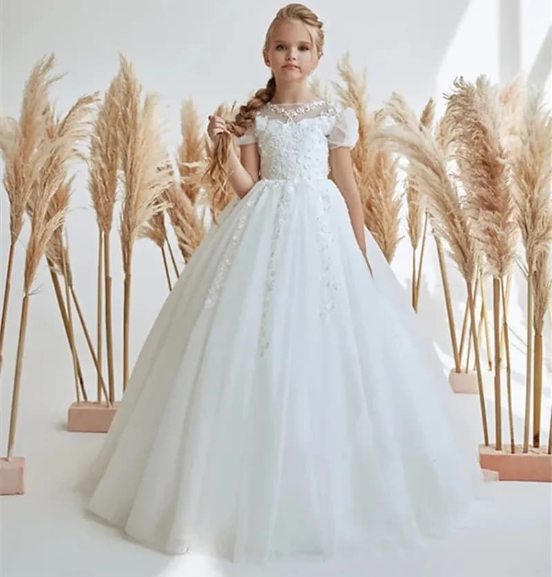New White Ivory Flower Girl Dresses Lace Appliques Buttons Back Kids Wedding Party Gown Girls First Communion Dress