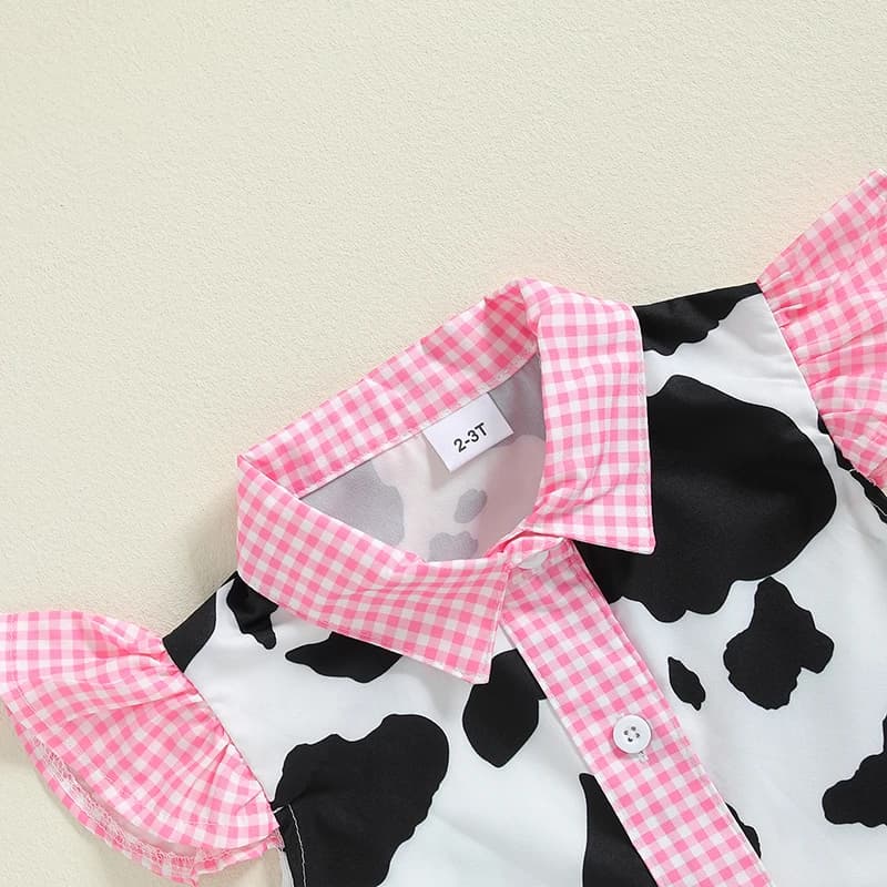 Girls Summer Outfit Cow Print Plaid Patchwork Fly Sleeve Shirt Denim Skirt with Belt - 2-Piece Set for Stylish Kids