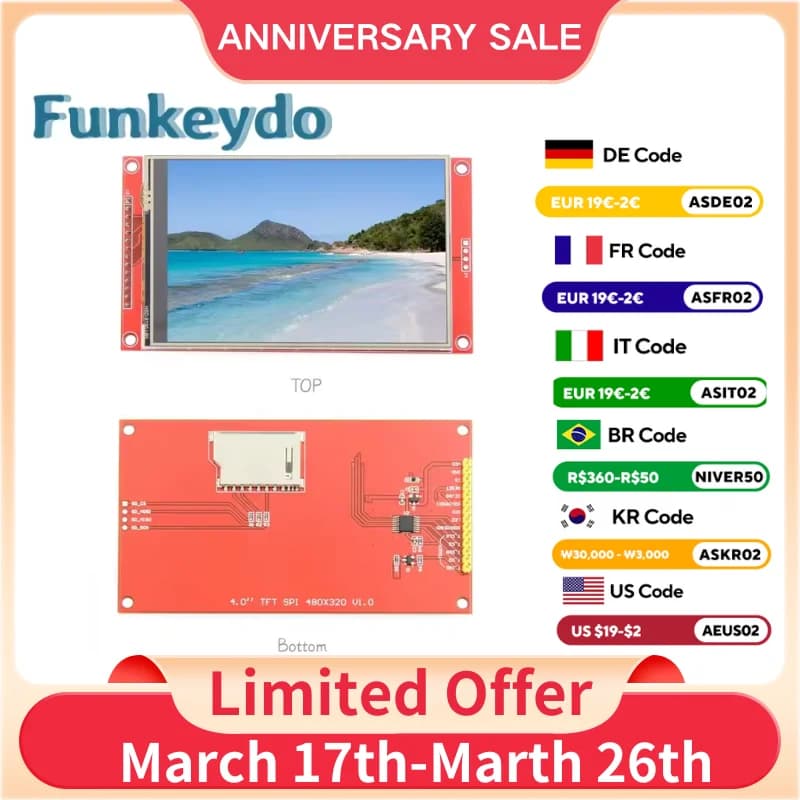 4.0 Inch SPI Touch Screen TFT LCD Module 4.0" ST7796S Driver 480X320 Pixel TouchScreen Color Display Comaptible with Arduino IDE