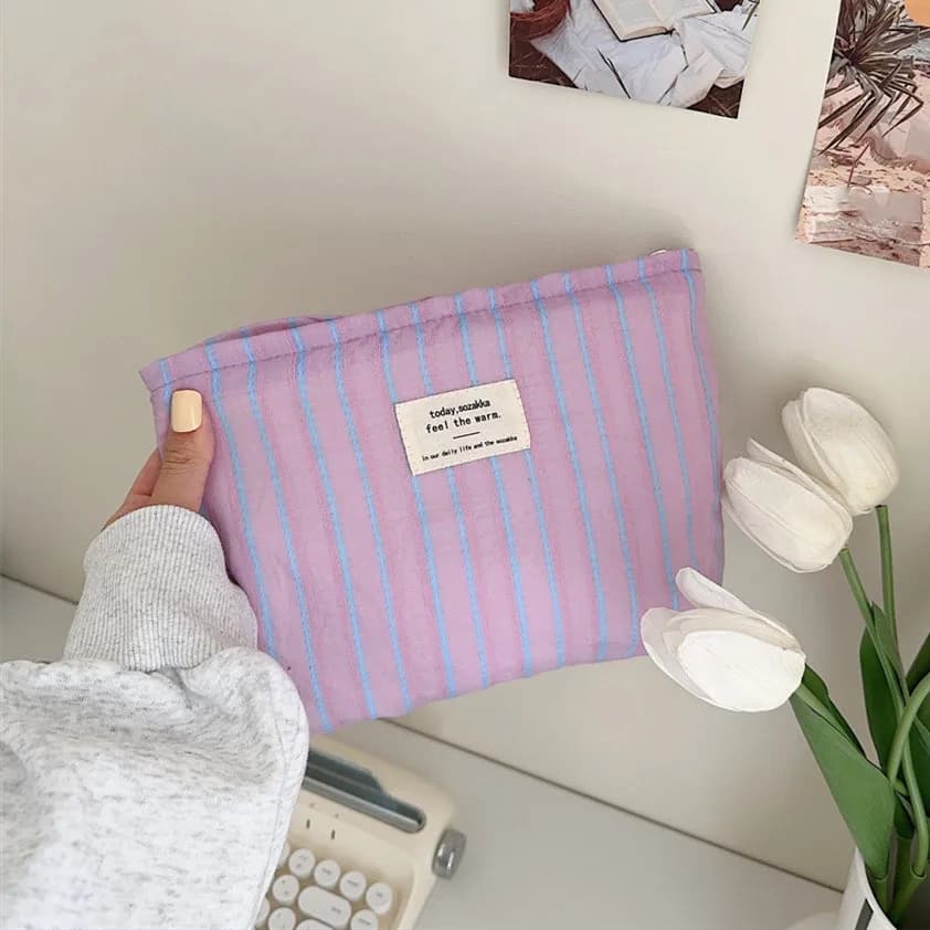 2024 Cute Canvas Striped Travel Cosmetic Lipstick Brush Storage Bag Toiletry Kit Girl Kawaii Makeup Handbags Organizer Pouch Bag