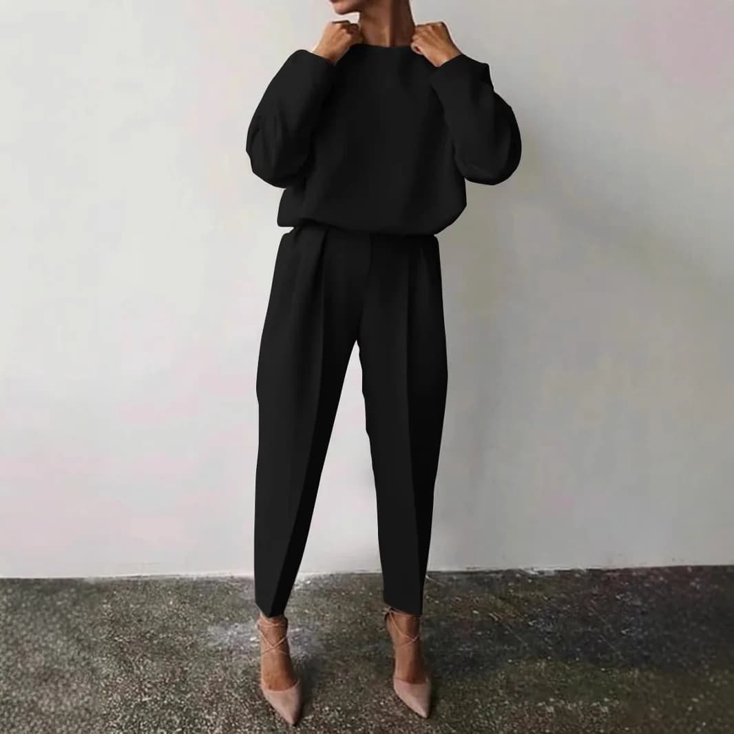 Women Solid Color Pants Set O Neck Long Sleeve Pullover Tops Straight Leg Pants Casual  2 Piece Sets Ladies Chic Outwear