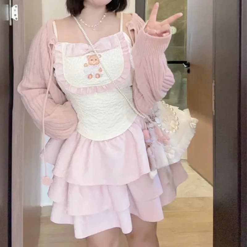 Sweet Kawaii Off Shoulder Sleeveless 2 Piece Set Fashion Cute Print Slash Neck Tops Women Design High Waist Thin Short Skirt New