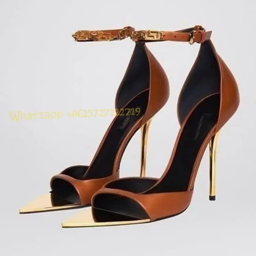 Women Cover Heels Silk Sandals Tan Brand Metal Peep Toe High Stiletto Heels Sandals Luxury Women Sexy Summer Casual Comfy Shoes