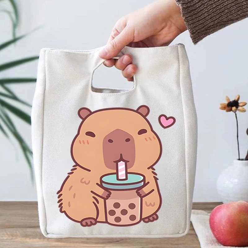Canvas Lunch Bags Students Cute Capybara Drinking Boba Tea Print Portable Bento Bags Kids Kawaii Cartoon Capybara Gift Lunch Bag