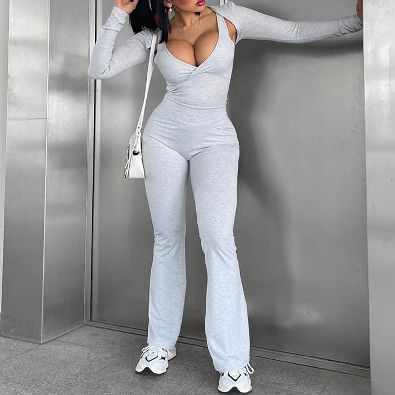 OMSJ Street Style Long-sleeved Deep V Neck Skinny Stretchable Fashion High Waisted Women's Wrap Hip Jumpsuits Women1Pcs Outfits