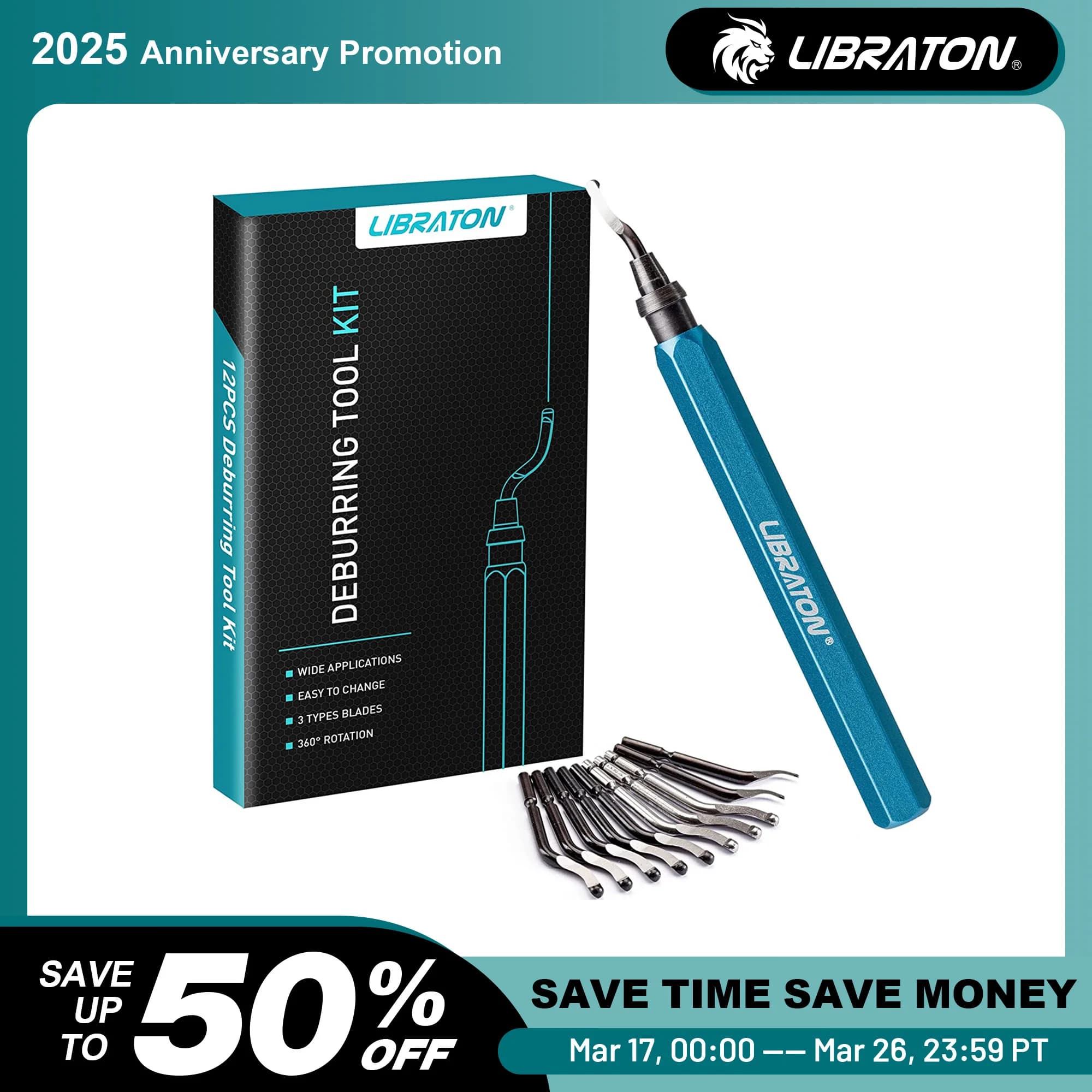 Libraton Deburring Tool with 11 HSS Steel Blades, 360 Degree Rotary Head Deburring Tool for Metal Resin Plastic 3D Printing Wood