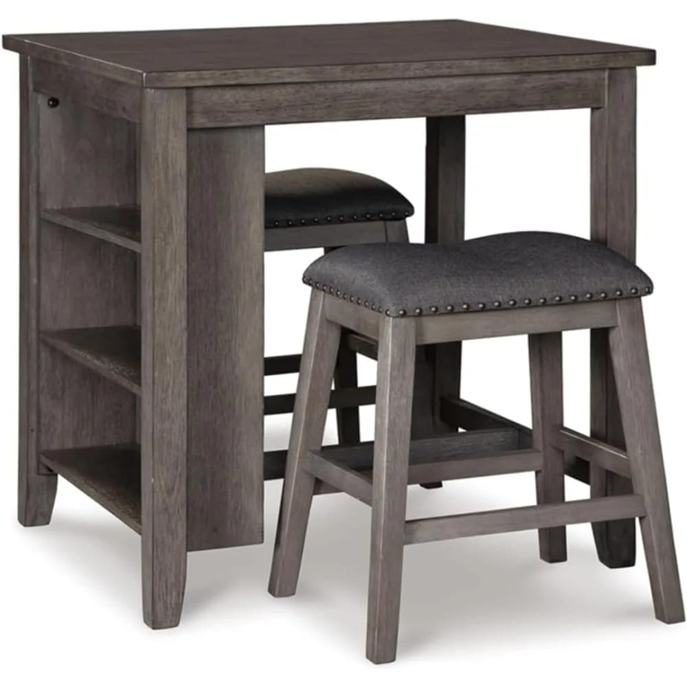 Signature Design by Ashley Caitbrook 25" Counter Height Dining Room Table Set with 2 Saddle Barstools & Storage, Gray
