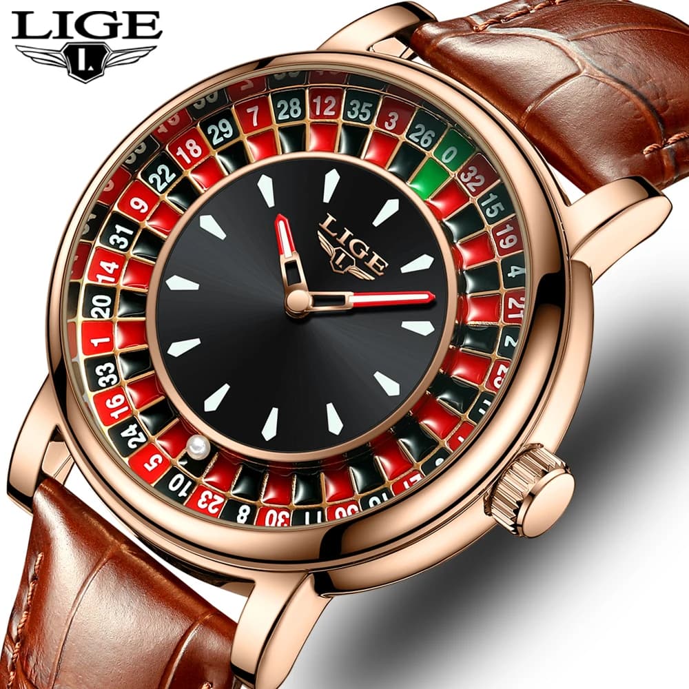 LIGE Fashion Brown Leather Men Watch Rotating Dial Las Vegas Roulette Desktop Theme Watch Men Waterproof Luminous Clock Watches